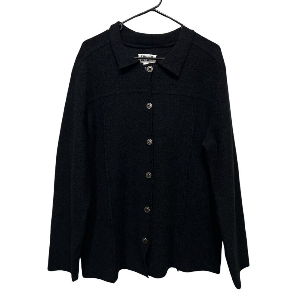 Chicos 1 Design Women 100% Wool Black Sweater Buttons Long Sleeves Medium Size